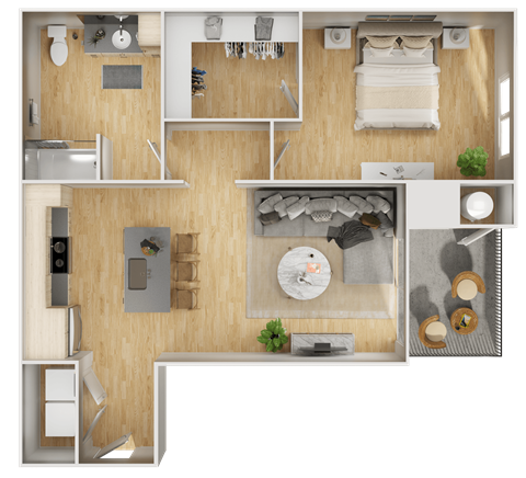 Floor plan for 1 bed, 1 bath, 864 sqft